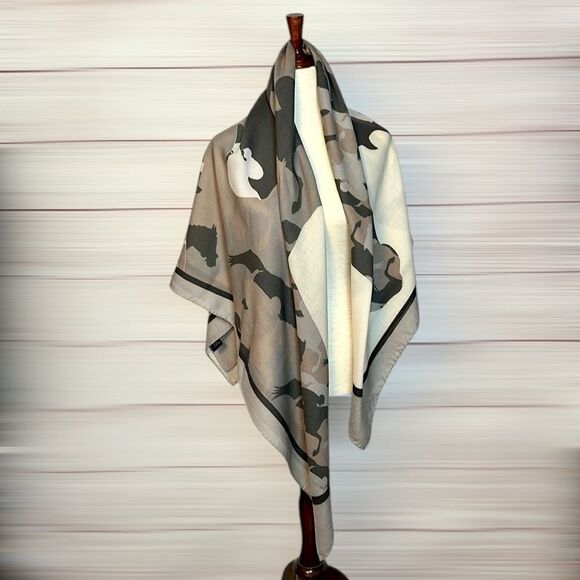 RANI ARABELLA Horse Racing Scarf Shawl Beige Taupe Cashmere Silk Wool ITALY 51” - Picture 8 of 15
